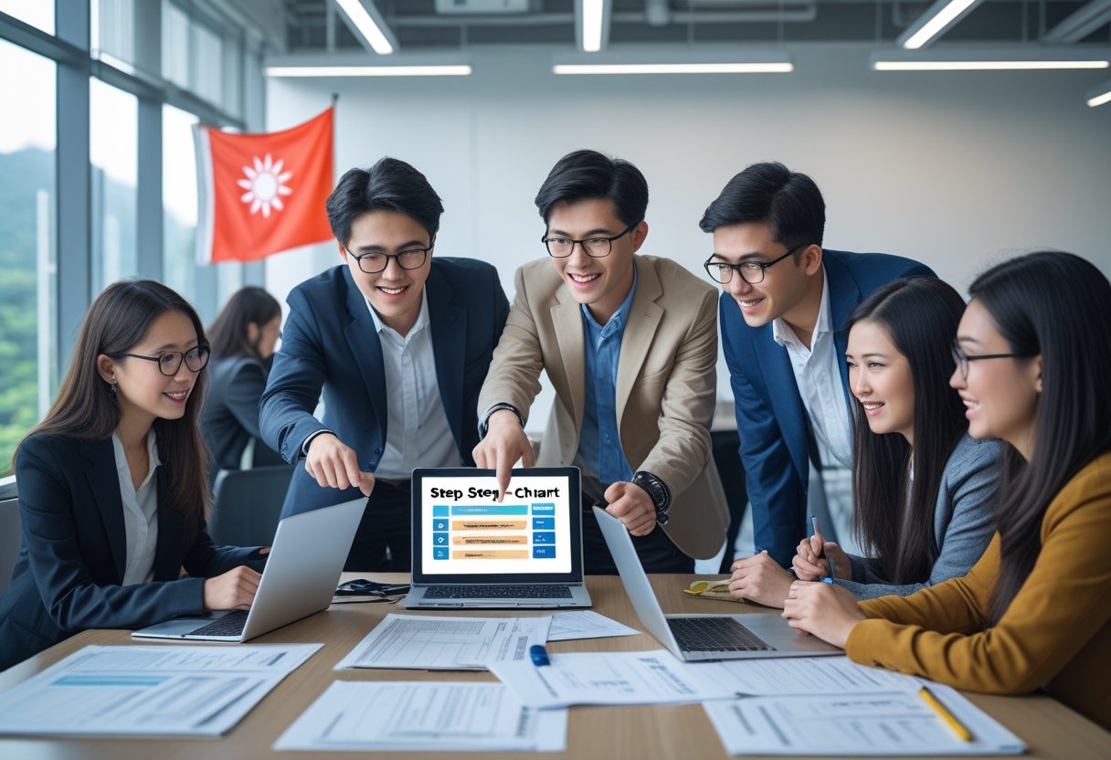 A group of young adults working together around a table with laptops and documents, discussing the Taiwan teaching visa process in a bright office.