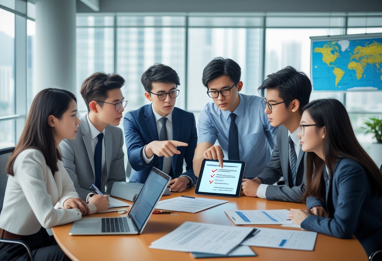 A group of young adults having a focused meeting around a table with laptops and documents in a bright office.