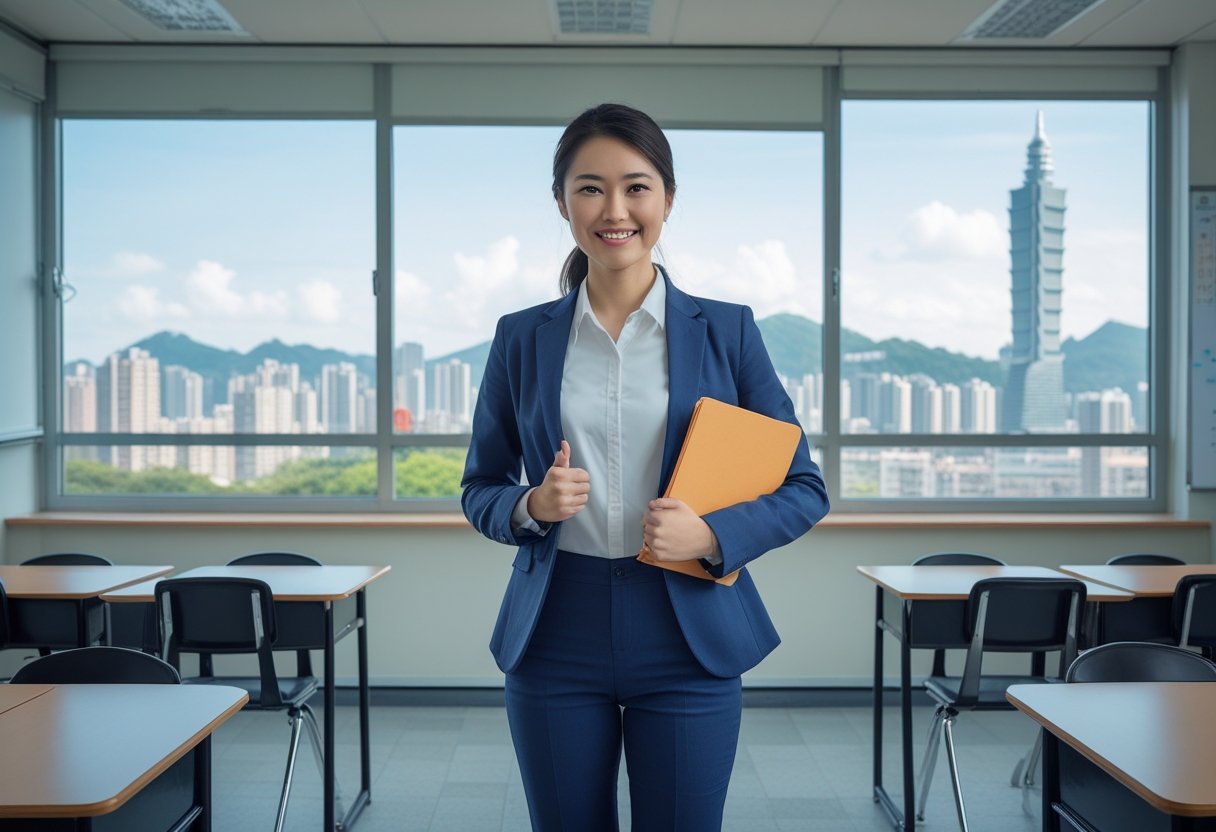 A young teacher holding documents and a laptop standing in a bright classroom with a view of a Taiwanese cityscape through the window.