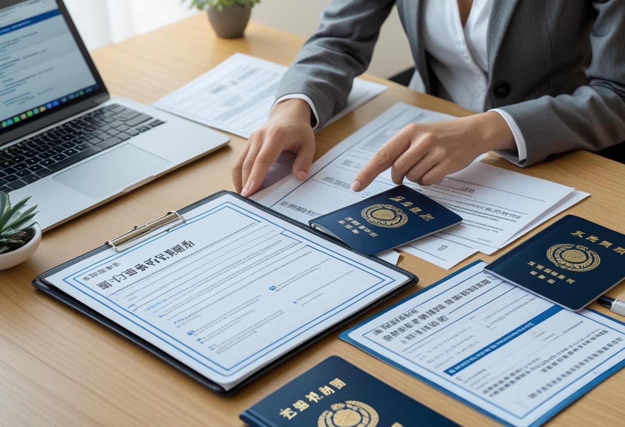 Person organizing important documents and a passport at a desk with a laptop nearby.