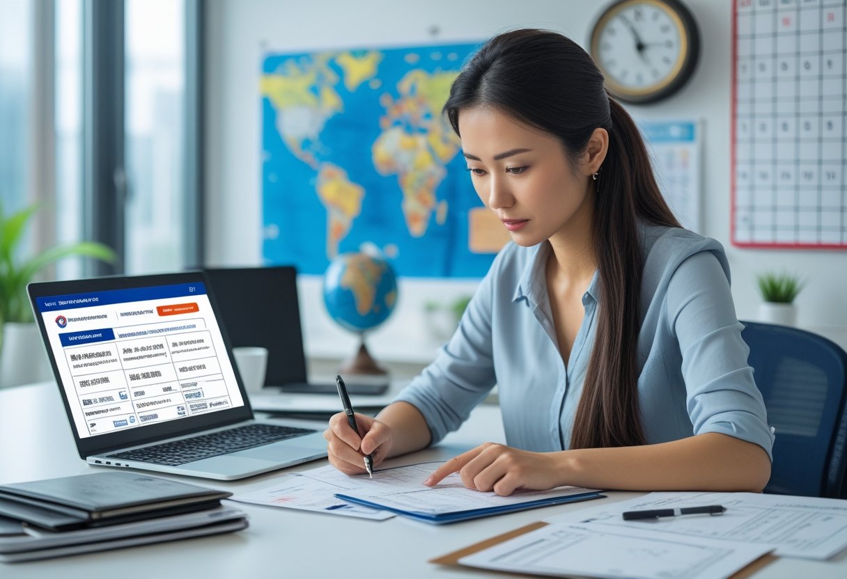 A young woman sitting at a desk filling out visa application forms with a laptop, passport, and travel-related items around her.