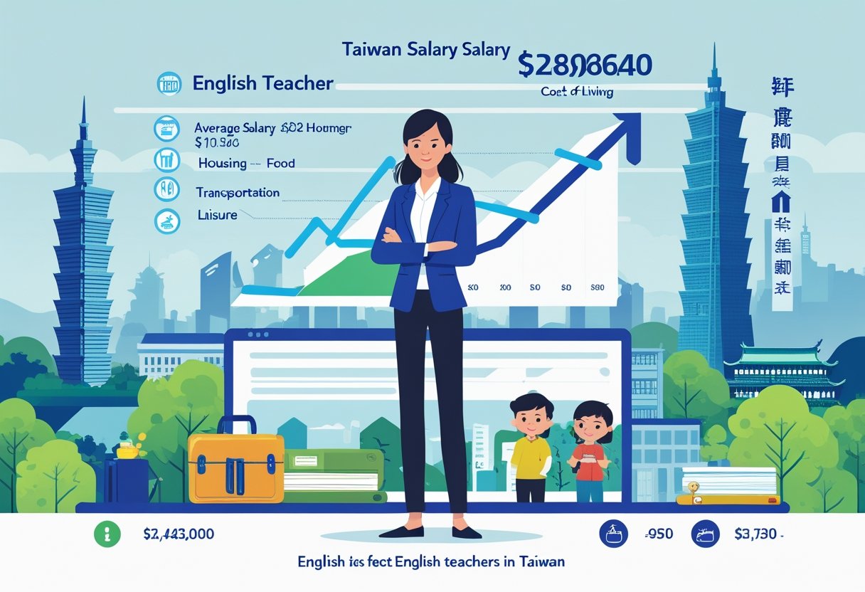 An English teacher stands in a classroom with students, surrounded by icons representing salary and living expenses, with Taiwanese landmarks visible in the background.
