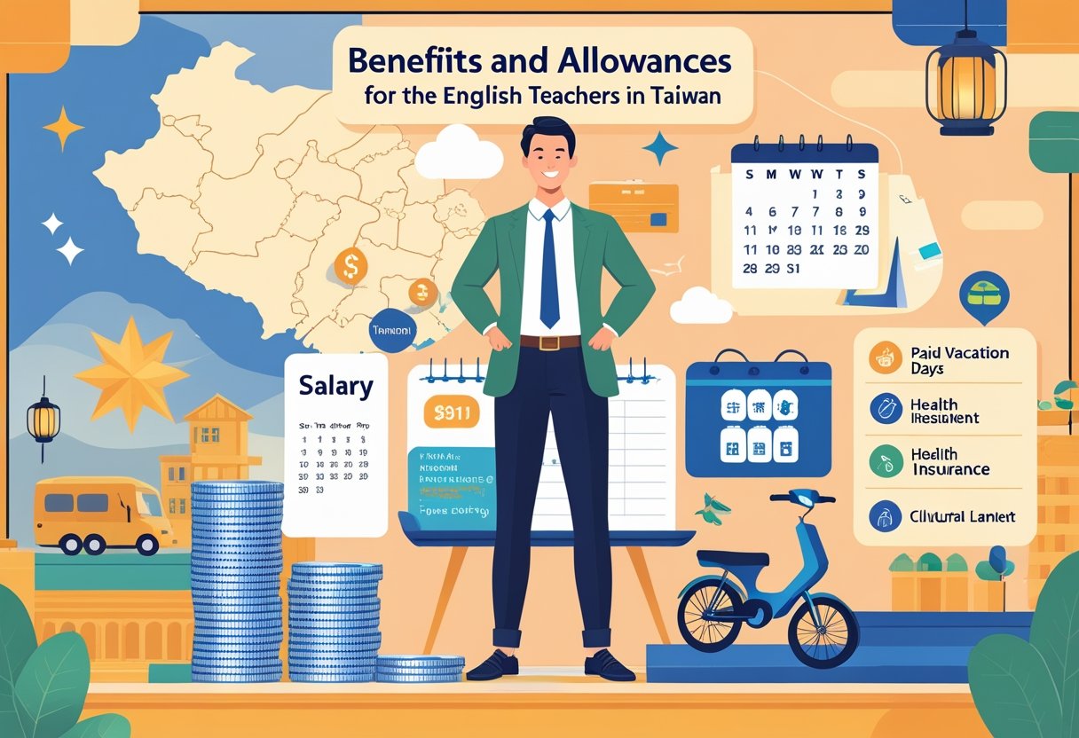 An English teacher stands in a classroom with symbols representing salary, housing, transportation, health insurance, and cultural elements of Taiwan around them.