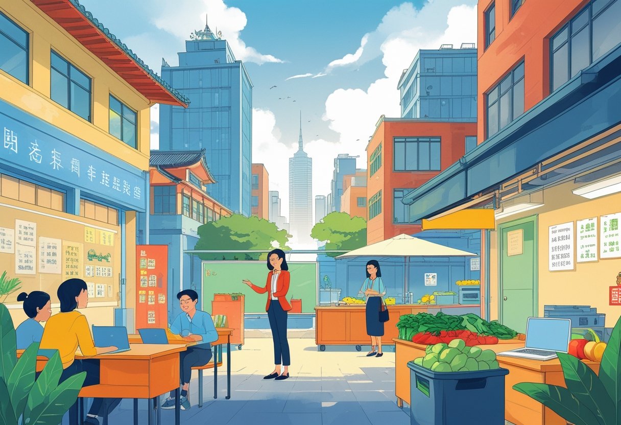 An English teacher interacting with students in a classroom near a market and apartment setting, showing daily life in Taiwan.