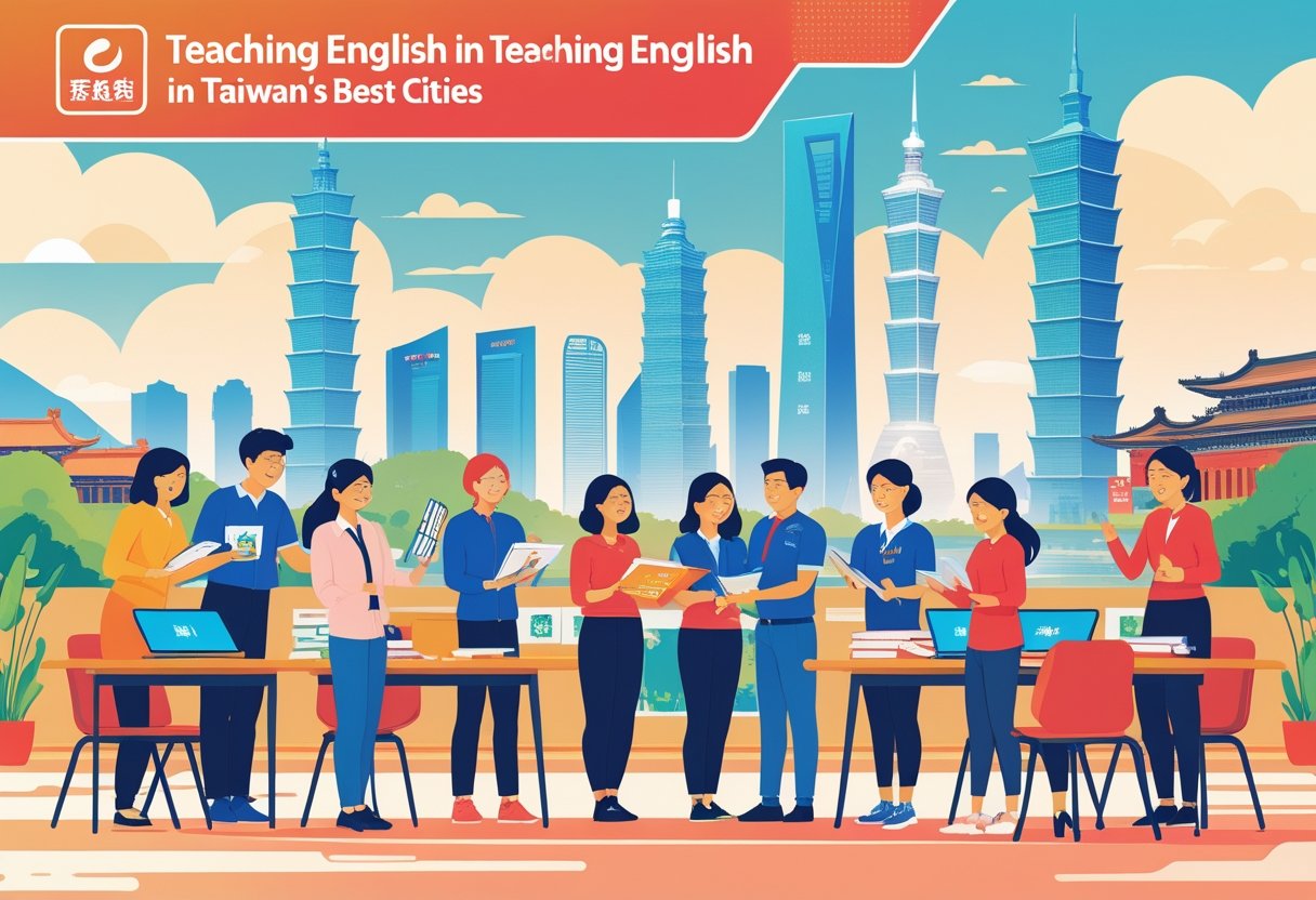 Teachers and students in a classroom with landmarks from Taiwan's major cities visible in the background.