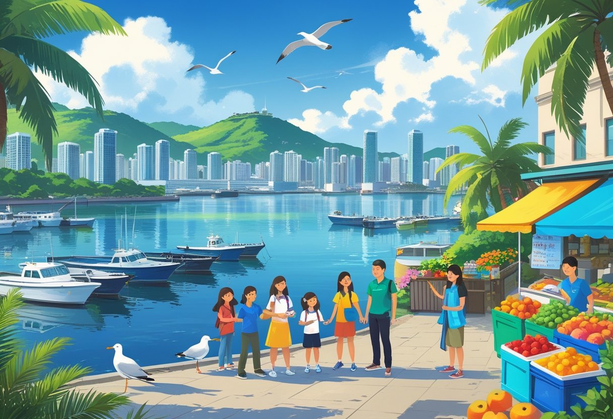 A coastal city scene with boats in a harbor, green hills, city buildings, and people interacting near a market with palm trees and seagulls overhead.