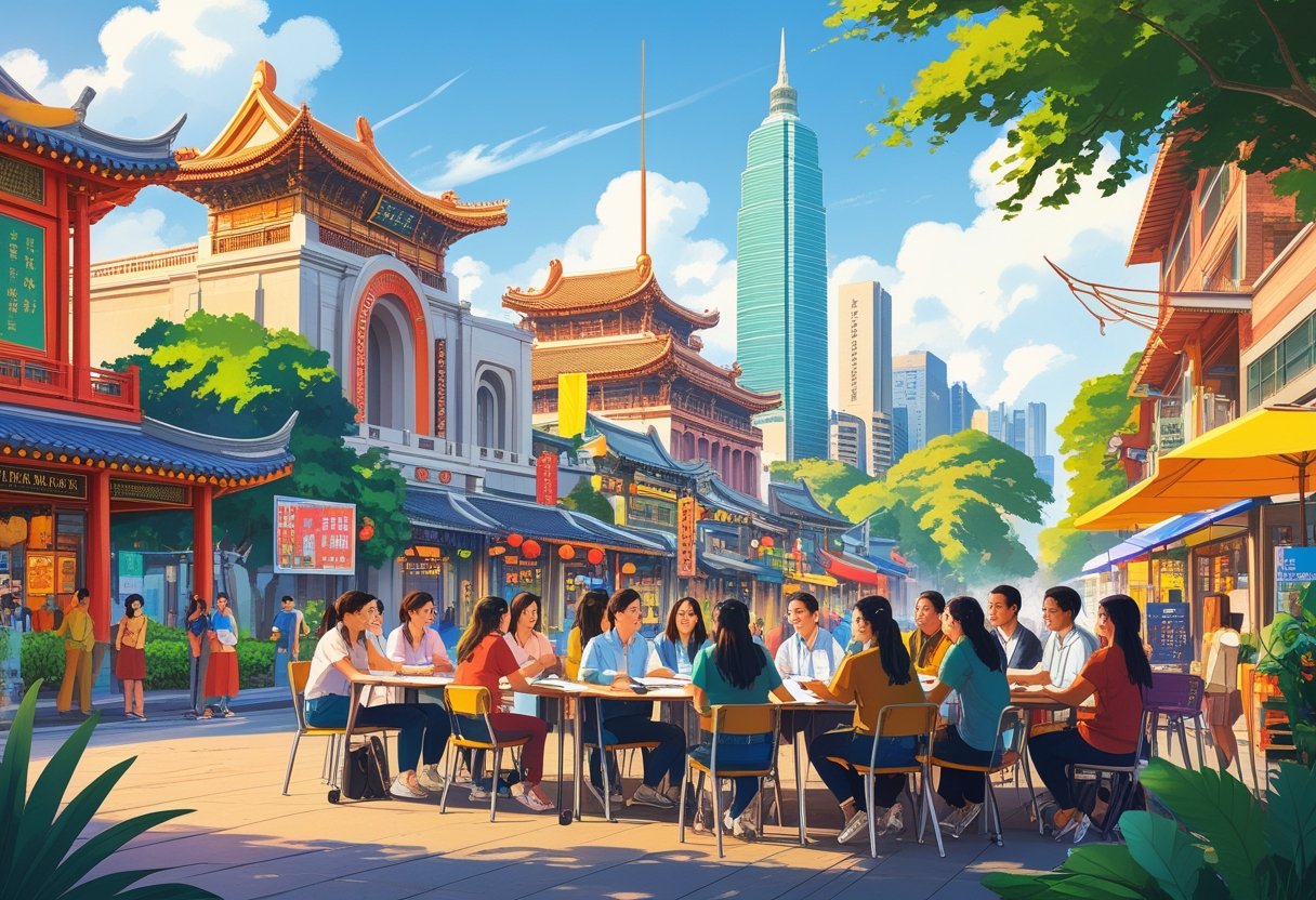 Cityscape of Taichung with cultural landmarks, street markets, and English teachers interacting with local students outdoors.
