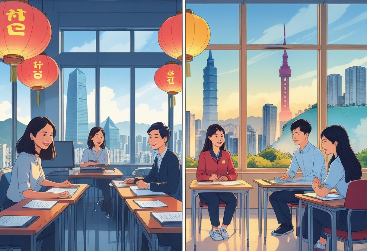 A split scene showing classrooms in Taiwan and South Korea with teachers and students engaged in learning, each side featuring cultural landmarks and elements unique to the respective countries.