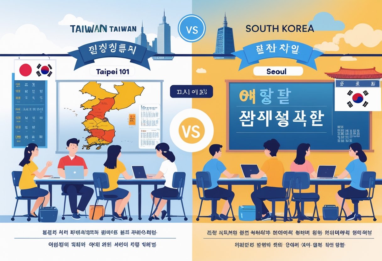 A split scene showing teachers and students in classrooms representing Taiwan and South Korea, with cultural elements and landmarks from each country in the background.