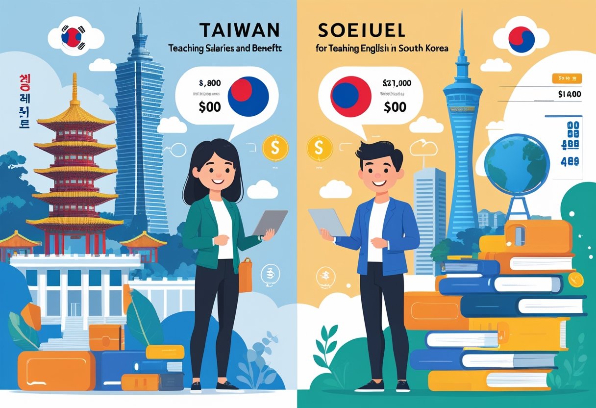 Two teachers standing in front of landmarks from Taiwan and South Korea with symbols of salaries and benefits floating around them.