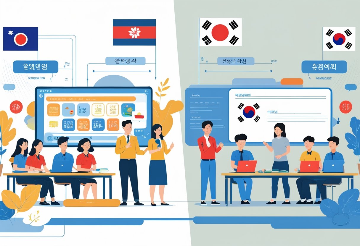 A split scene showing two classrooms side by side, one representing Taiwan with a bright, interactive teaching environment, and the other representing South Korea with a structured, disciplined classroom setting.