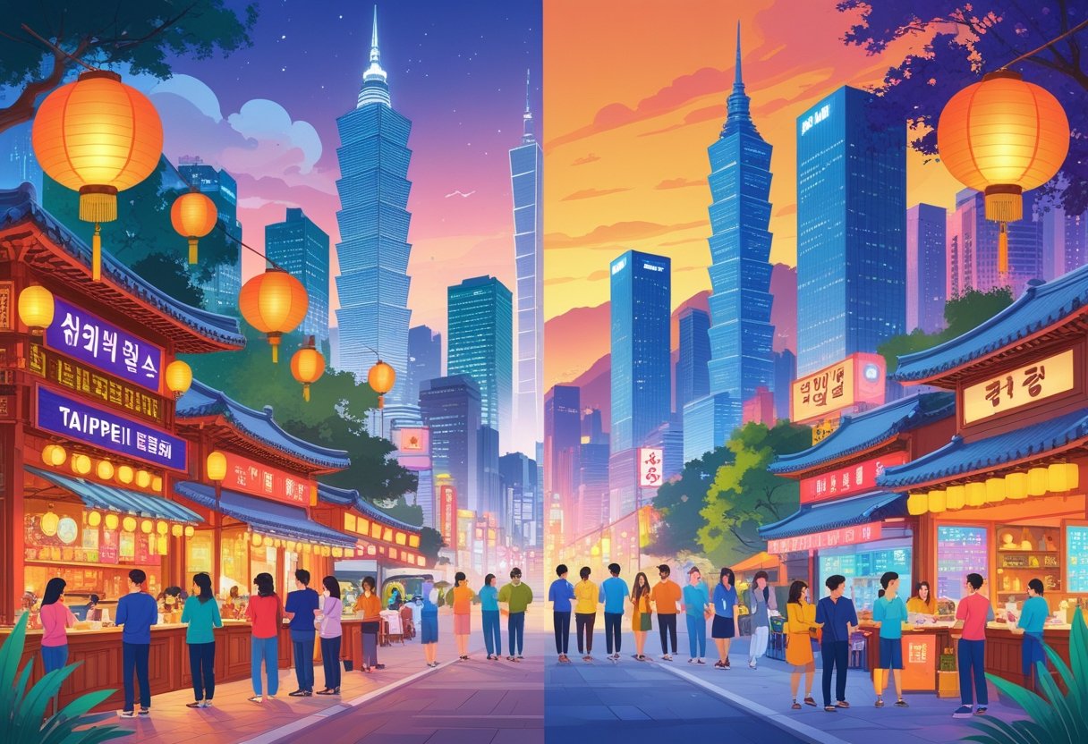 A split scene showing busy city life and social activities of expats in Taiwan on one side and South Korea on the other, with people enjoying food, outdoor gatherings, and cultural landmarks.
