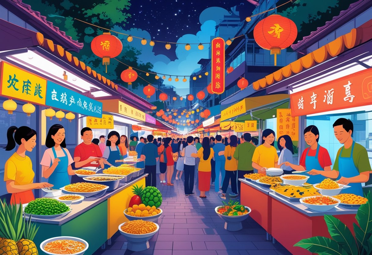 A lively Taiwanese night market with food stalls offering traditional dishes and people enjoying local street food.