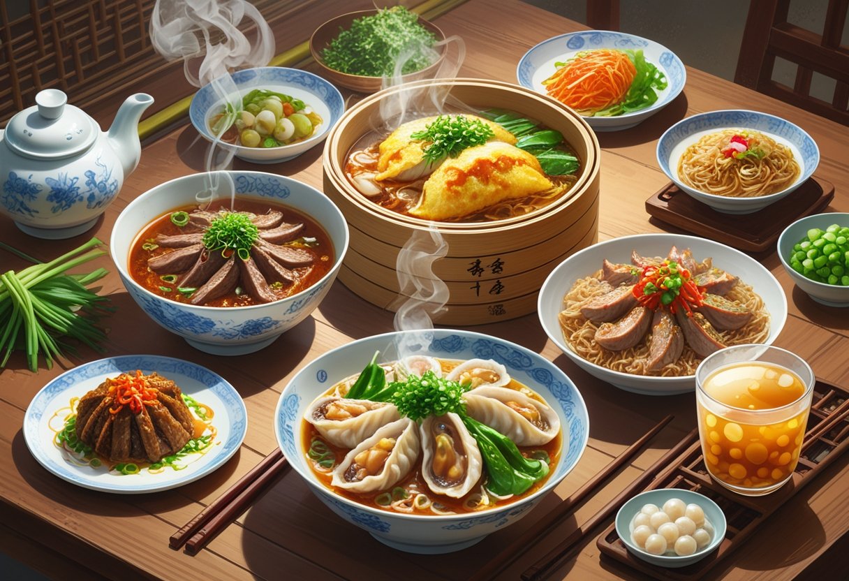 A table filled with various Taiwanese savory dishes including beef noodle soup, oyster omelette, soup dumplings, braised pork rice, and bubble tea, with chopsticks and small side dishes nearby.
