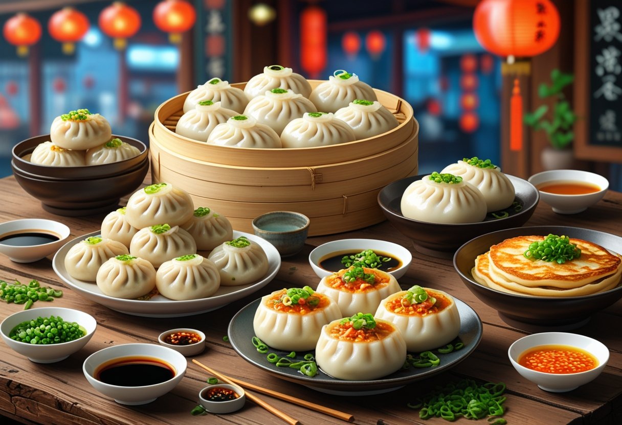 A table displaying Taiwanese dumplings, steamed buns, scallion pancakes, and bowls of dipping sauces.