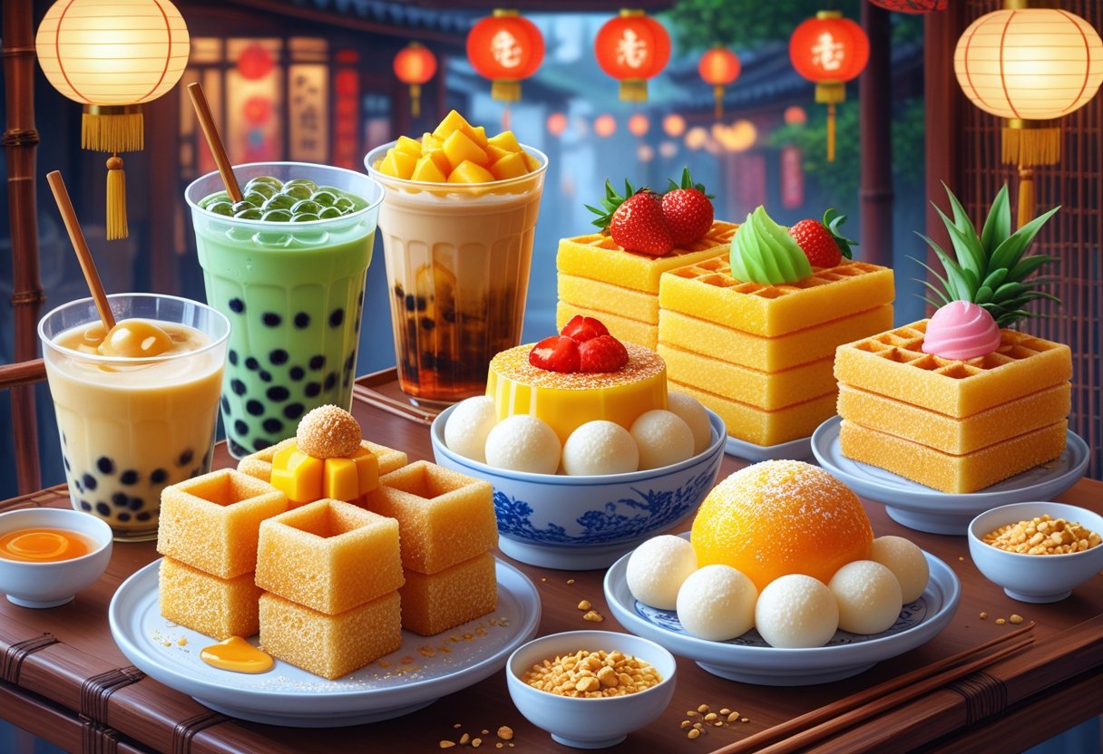 An assortment of Taiwanese sweets and desserts including bubble tea, pineapple cakes, shaved ice with fruits, mochi balls, and egg waffles displayed on a wooden table with a market background.